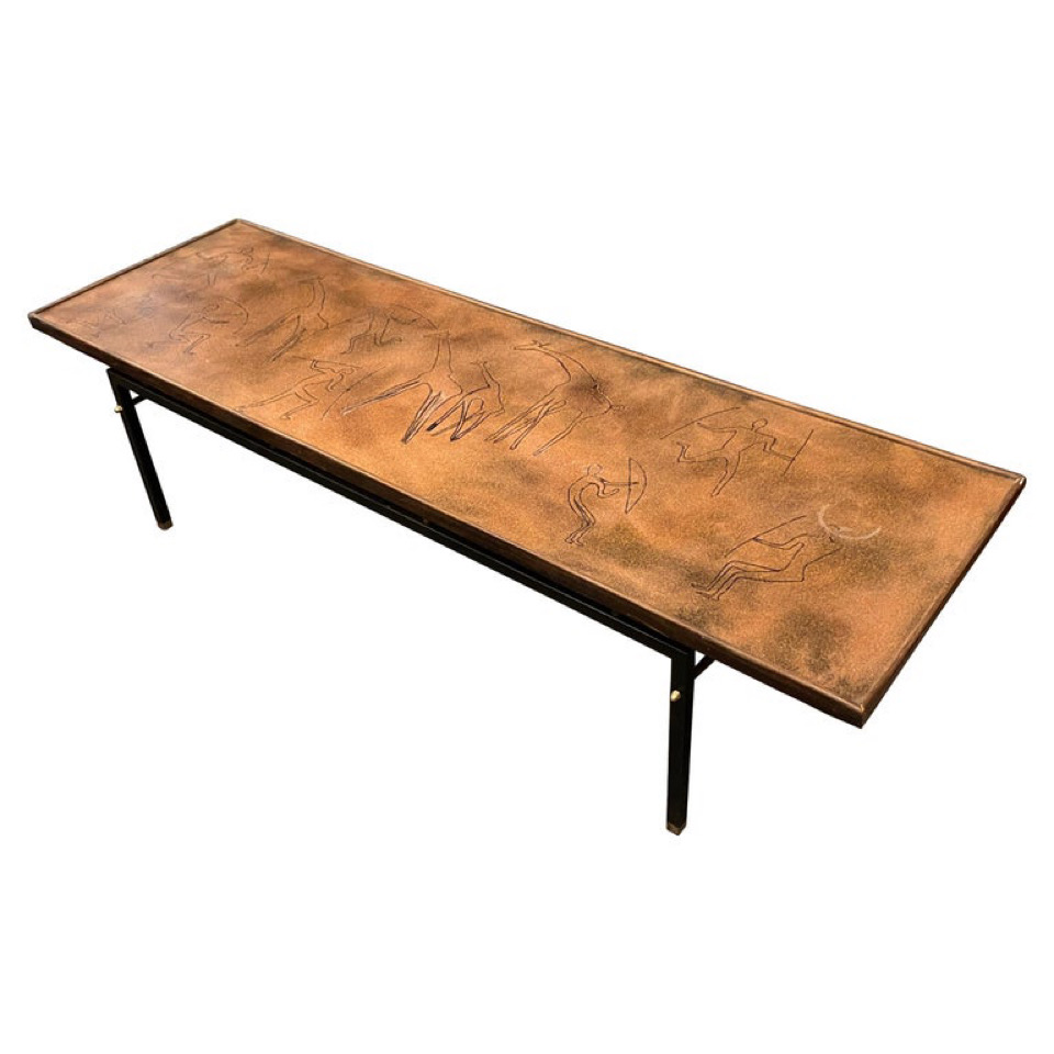 1970s Modernist Engraved Copper and Iron Rectangular Italian Side Table