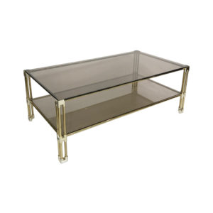 Brass Two-Tiered Coffee Table Hollywood Regency Gold Smoked Glass 1970s Glamour