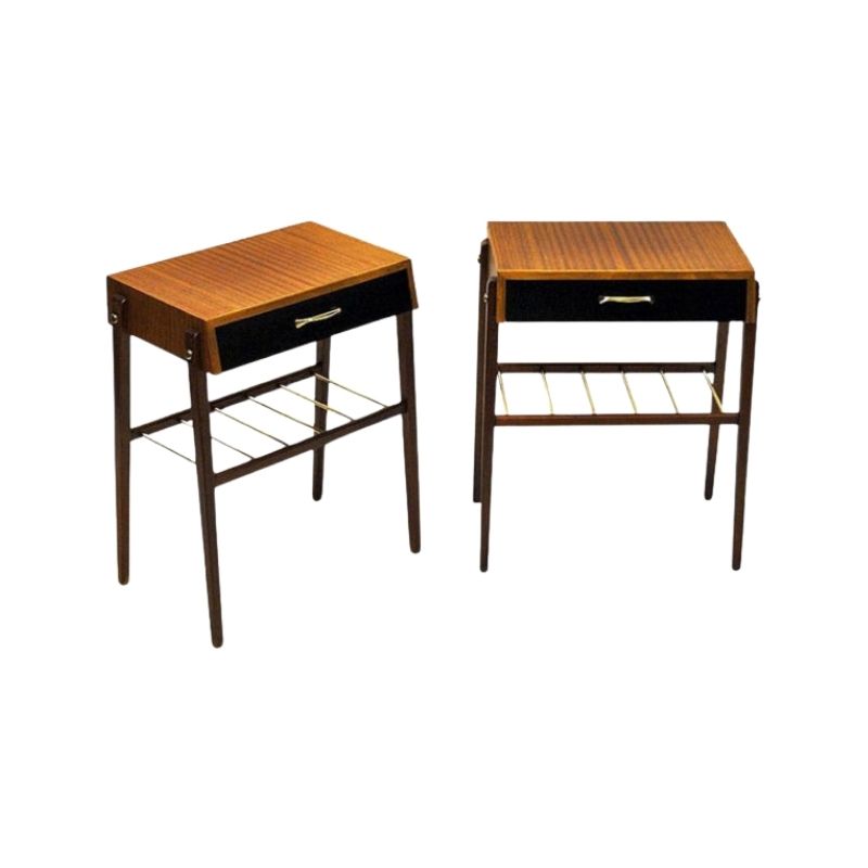 Elegant pair of teak and brass night and side tables -Sweden 1960s