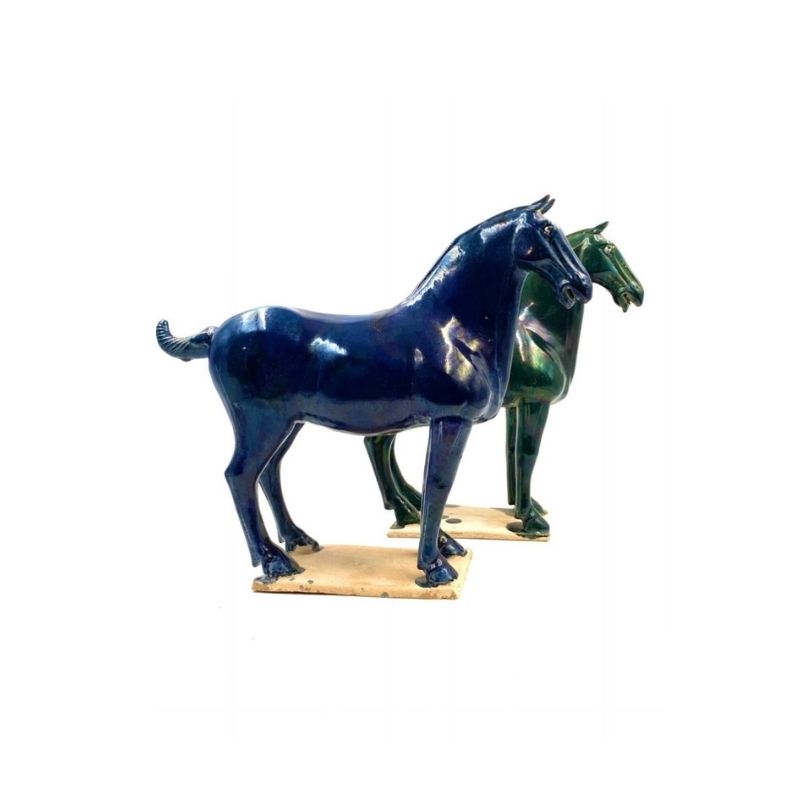 Important Glazed blue & green Terracotta couple of Tang Horse Statues