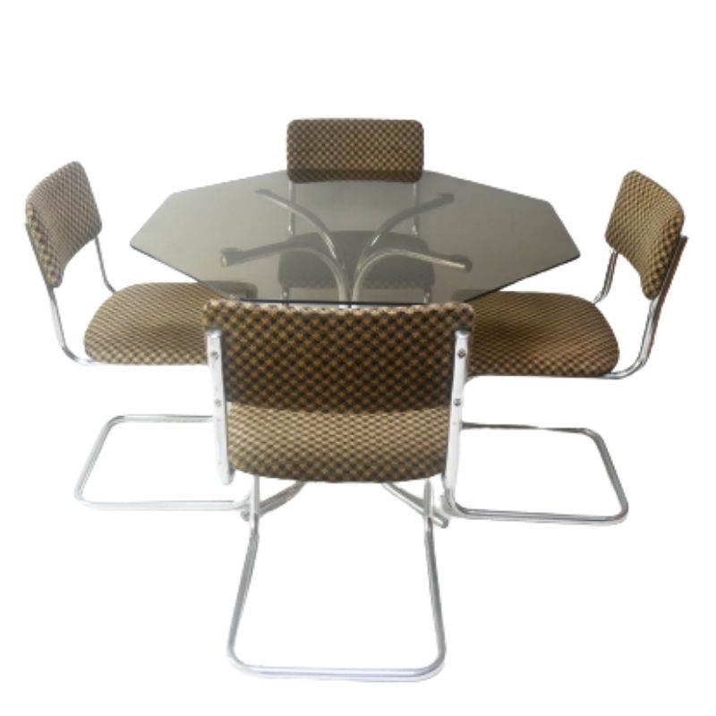 1970’s mid century glass 6 sided dining table with upholstered dining chairs
