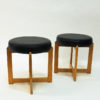 Scandinavian Oak taburette pair with black leatherette seats 1960s