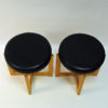 Scandinavian Oak taburette pair with black leatherette seats 1960s