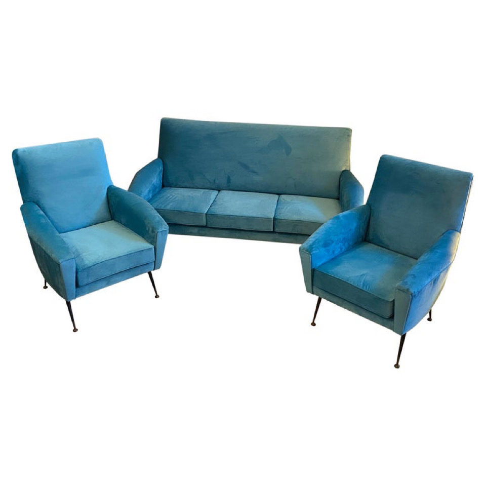 1960s Mid-Century Modern Blue Velvet and Brass Italian Sofa and two Armchairs