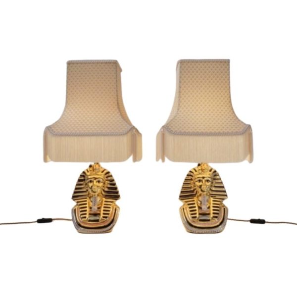 Tutankhamun lamp Vittorio Sabadin, a pair, Capodimonte Porcelain, gilt & hand painted,1980`s ca, Italy