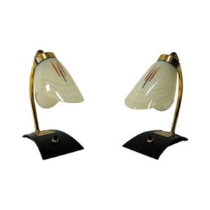 Scandinavian pair of glass and brass table & wall lamp 1950s