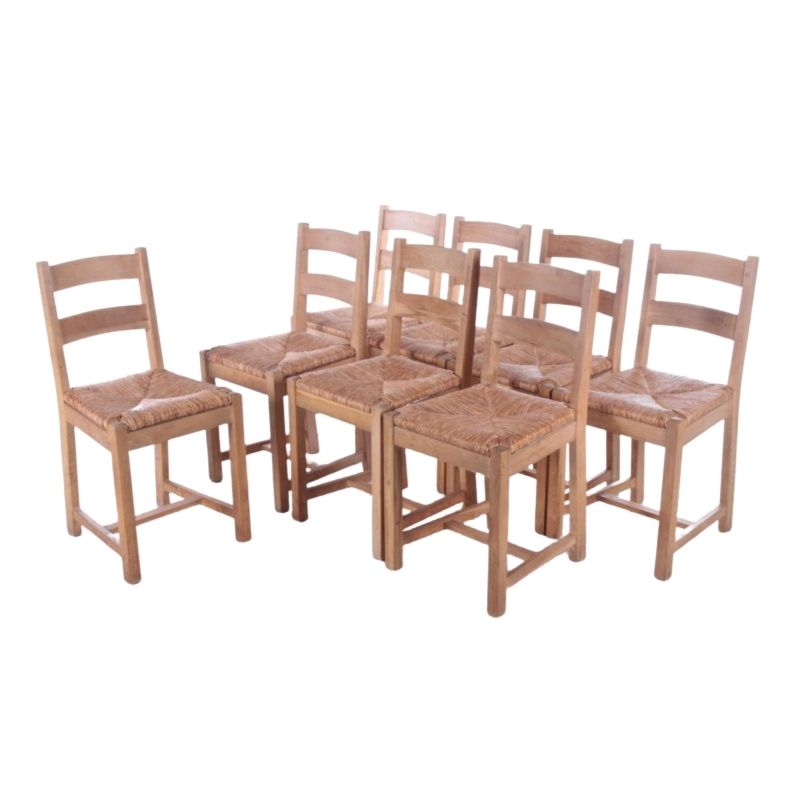 Set of 8 Danish oak kitchen chairs with wicker seat, 1970s