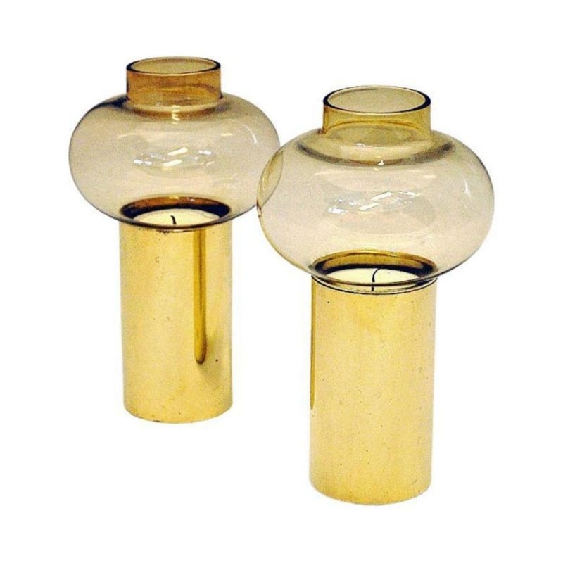 Scandinavian vintage pair of Brass Candleholders with glass shades 1960s