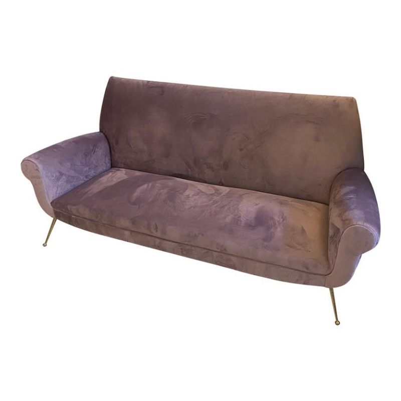 1950s Giò Ponti Style Mid-Century Modern Wisteria Velvet and Brass Italian Sofa