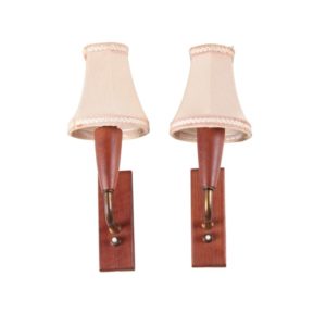 Set of Teak wooden Danish design wall lamps with original shade, 1960.