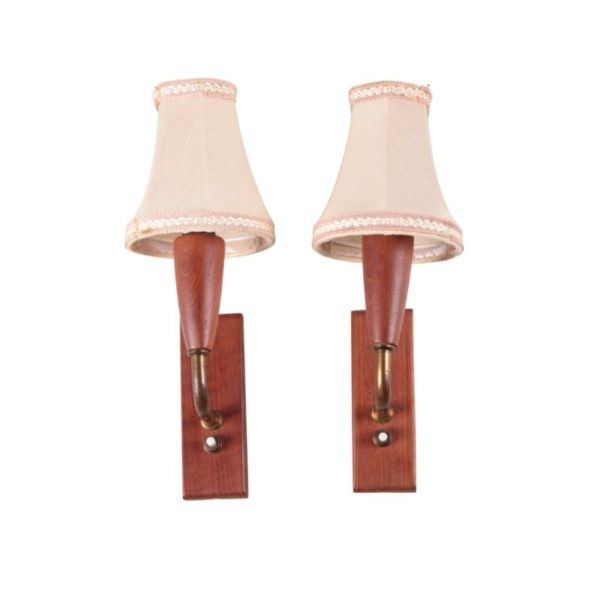 Set of Teak wooden Danish design wall lamps with original shade, 1960.