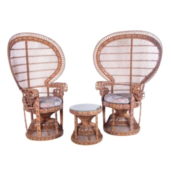 Set of two King Sized Emmanuelle Peacock Chairs with side table Set of two King Sized Emmanuelle Peacock Chairs with side table