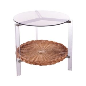 Vintage glass side table with rattan magazine rack, 1960s