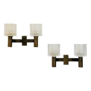 Brass wall lamp pair with crystal glass by Carl Fagerlund for Orrefors, Sweden 1960s