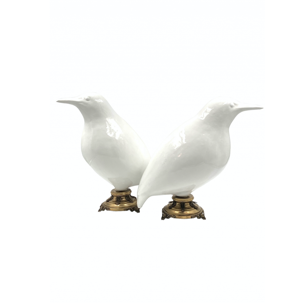 Pair of large Kingfisher bird sculptures, white ceramic brass bases, Early XX century