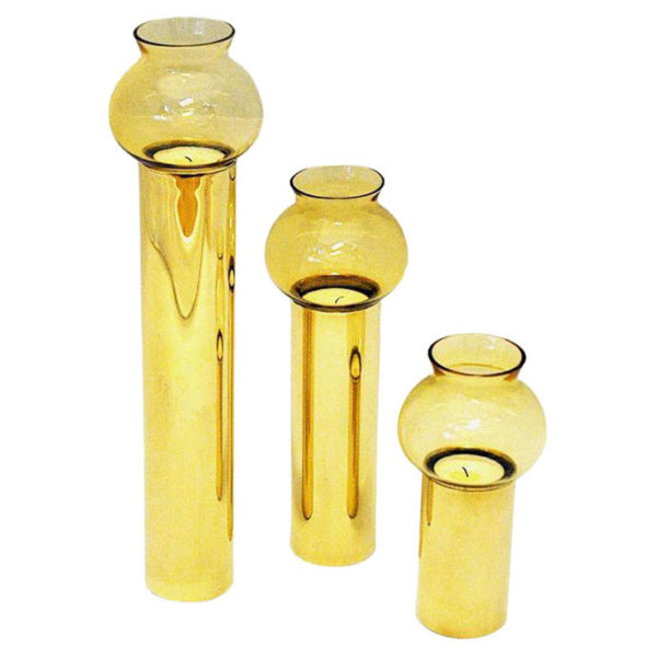 Scandinavian vintage set of three Brass Candleholders with glass shades 1960s