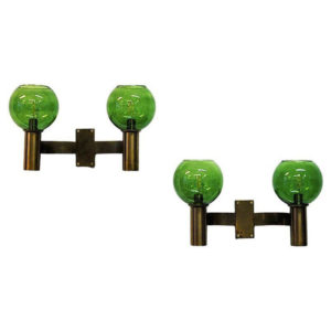 Swedish brass and green glass pair of wall lamps 1960s