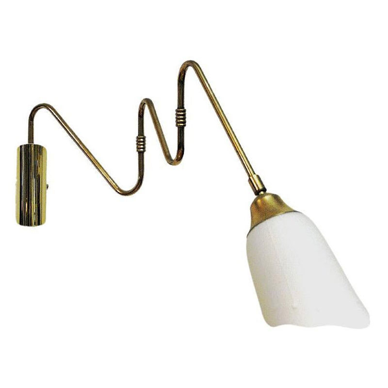 Scandinavian brass arm wall lamp with flower glass shade 1950s