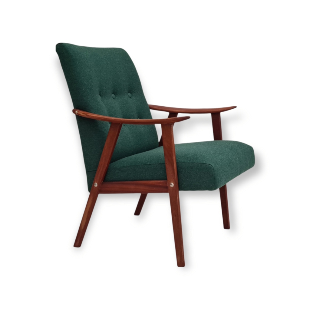 60s, completely reupholstered Danish armchair, furniture wool, teak wood
