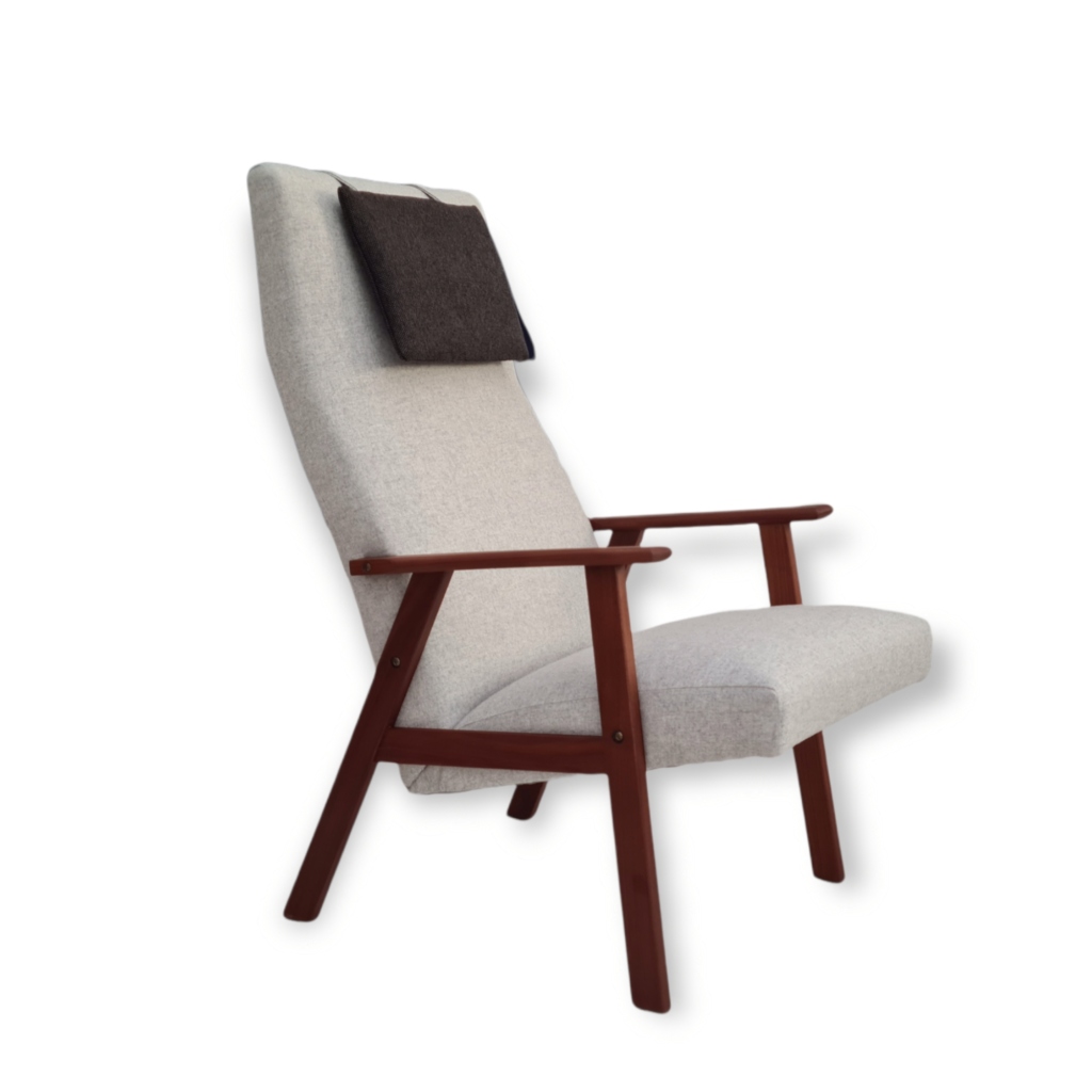 1970s, Danish high-backed armchair, teak wood, reupholstered
