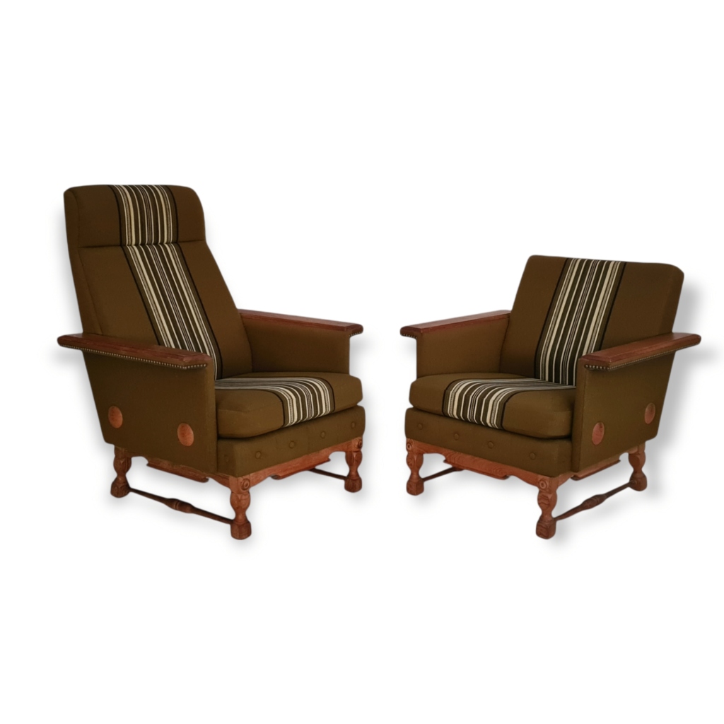 1970s, Danish design, set of armchairs, oak wood, wool, original condition