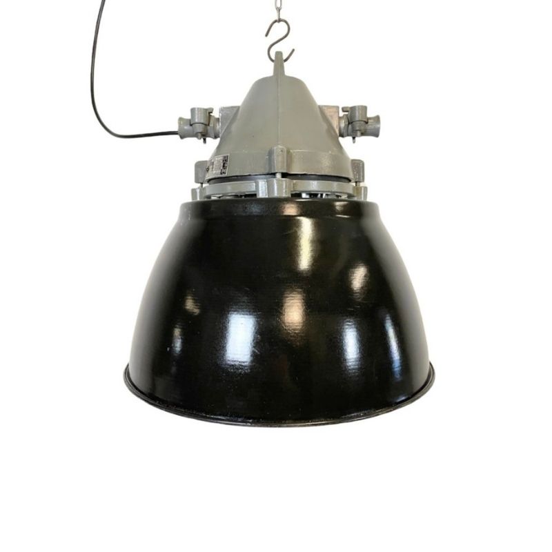Dark Grey Explosion Proof Lamp with Black Enameled Shade, 1970s