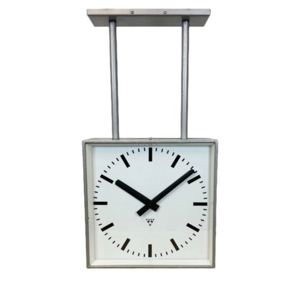 Large Square Industrial Double-Sided Factory Clock from Pragotron, 1960s Large Square Industrial Double-Sided Factory Clock from Pragotron, 1960s