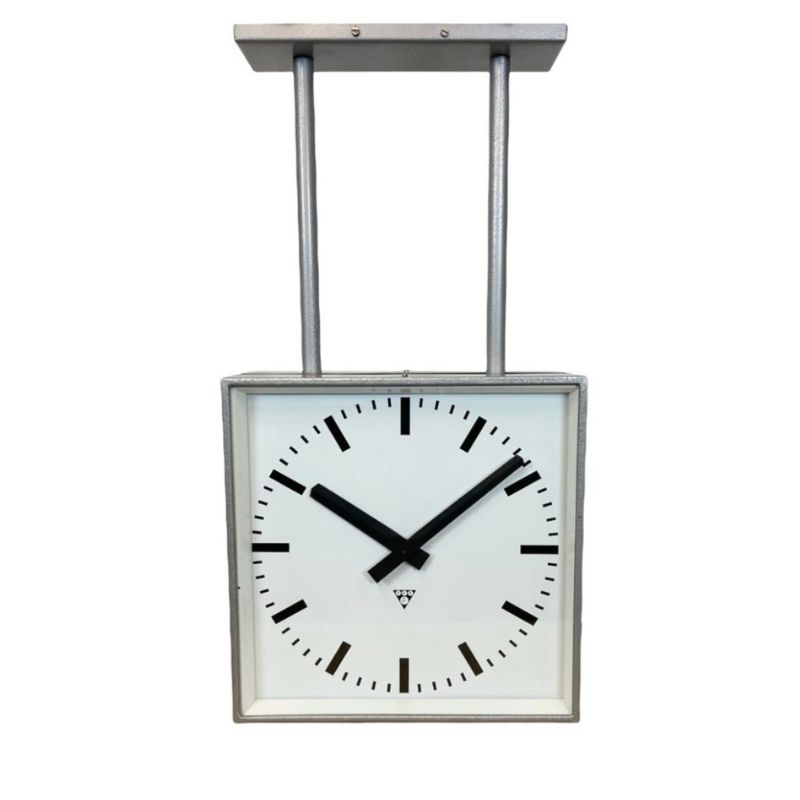 Large Square Industrial Double-Sided Factory Clock from Pragotron, 1960s