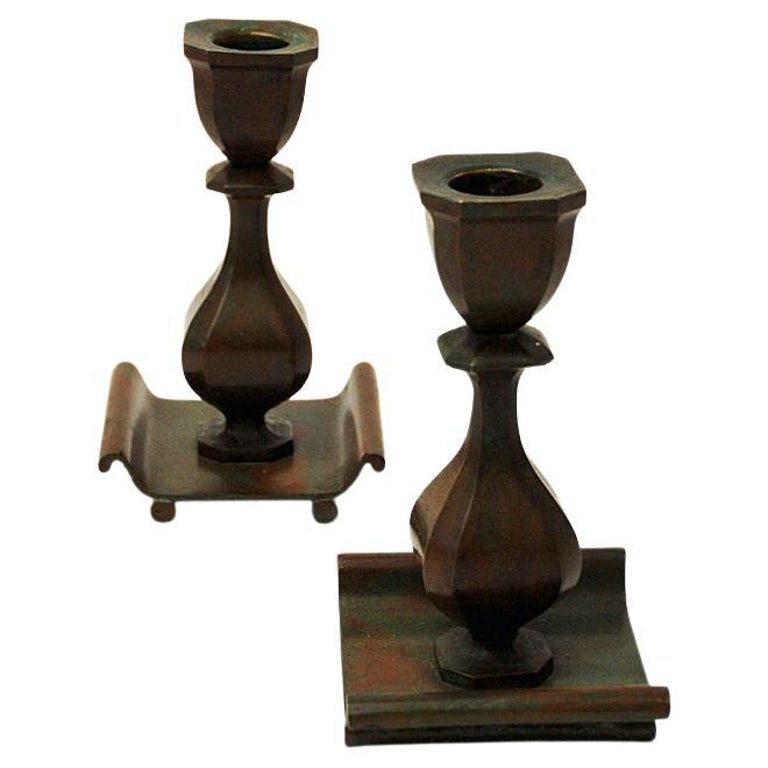 Swedish rustic bronze candleholder pair by Sune Bäckström 1930s