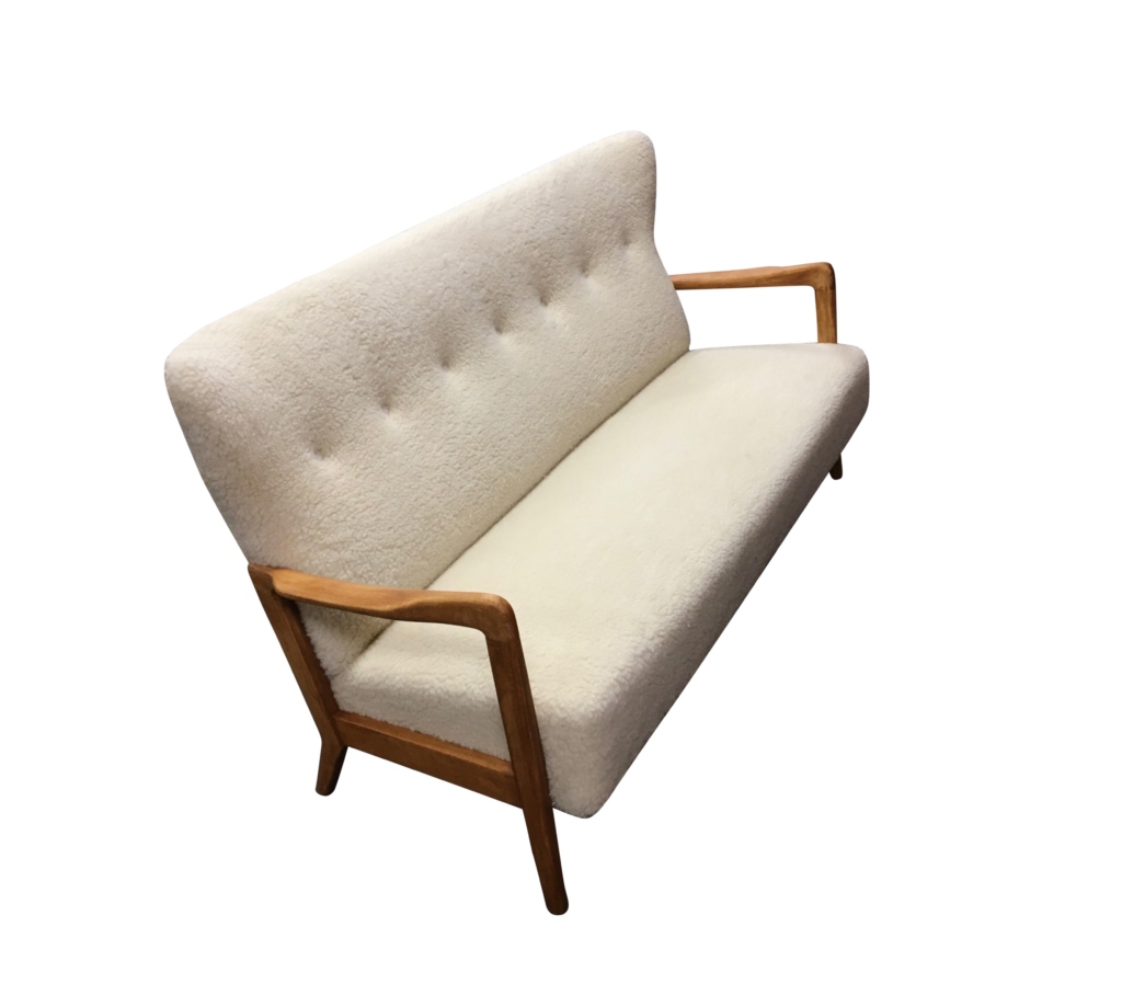 Beautiful Danish Sofa by Fritz Hansen newly upholstered in lambswool.