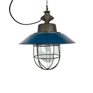 Blue Enamel and Cast Iron Industrial Cage Pendant Light, 1960s