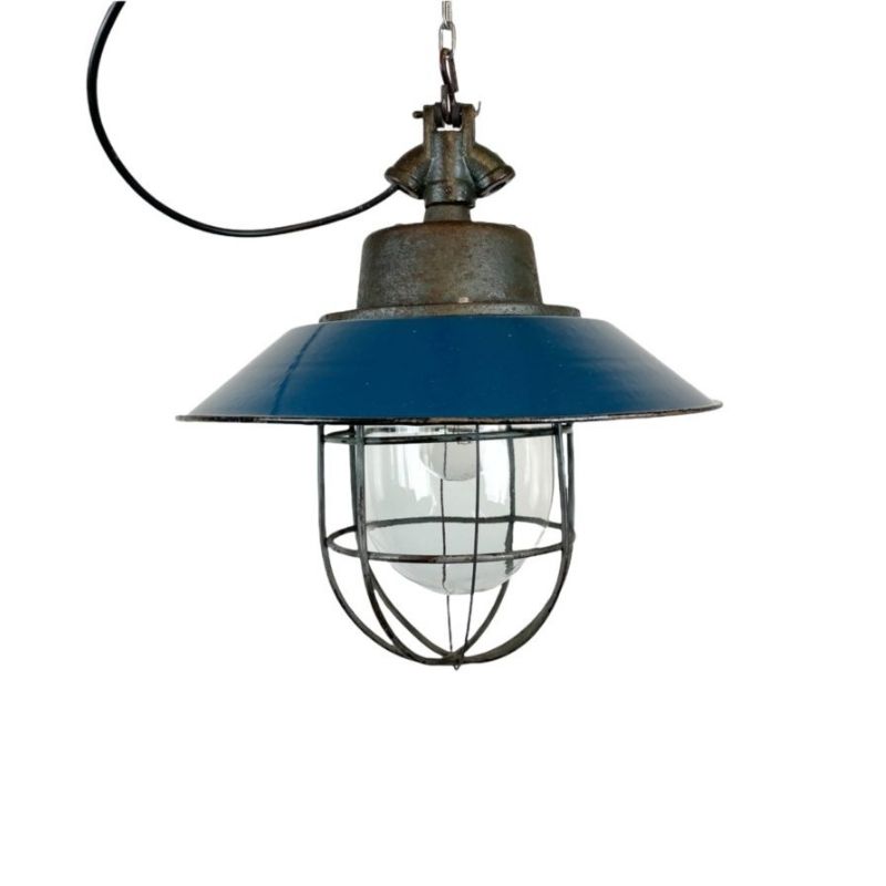 Blue Enamel and Cast Iron Industrial Cage Pendant Light, 1960s