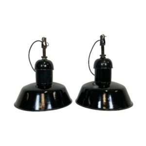 Pair of Black Enamel Industrial Pendant Lamps from AEG, 1930s