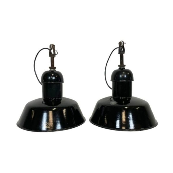 Pair of Black Enamel Industrial Pendant Lamps from AEG, 1930s