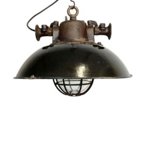 Black Enamel and Cast Iron Industrial Cage Pendant Light, 1950s
