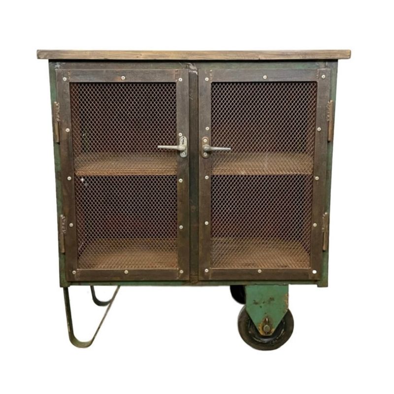 Industrial Iron Cabinet with Mesh Doors on Wheels, 1960s