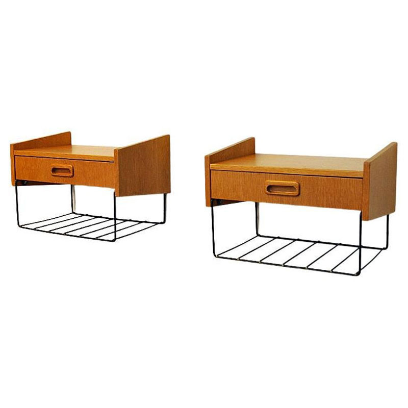 Vintage pair of teak wall night tables with a drawer – Sweden 1950s