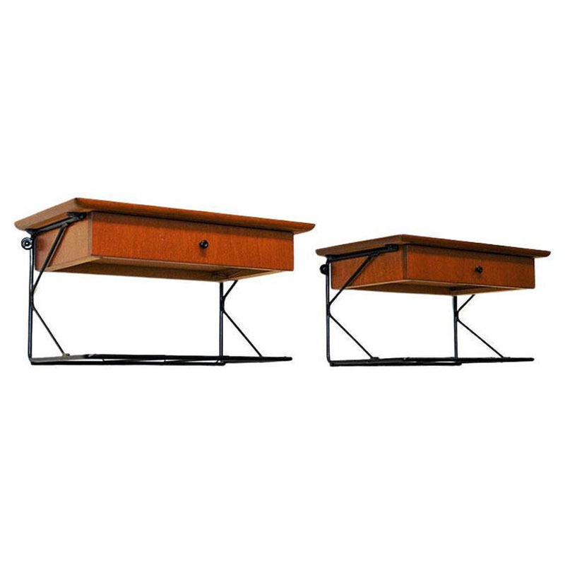 Vintage dark teak pair of wall night tables with drawers – Sweden 1950s