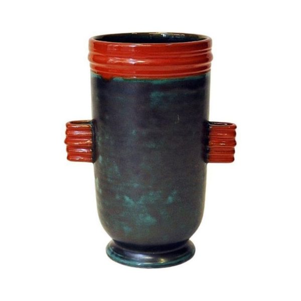 Glaced browngreen and orange Ceramic vase by Upsala-Ekeby, Sweden 1940s