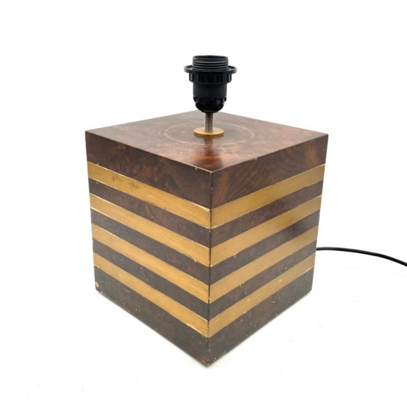 Cubic wooden & brass table lamp base, Italy 1970s