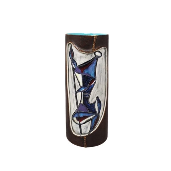 1950s Gorgeous Marcello Fantoni Ceramic Vase Encased in Leather. Made in Italy