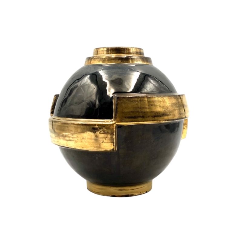 Art Deco black & gold globular vase, Saint Clement, France 1920s