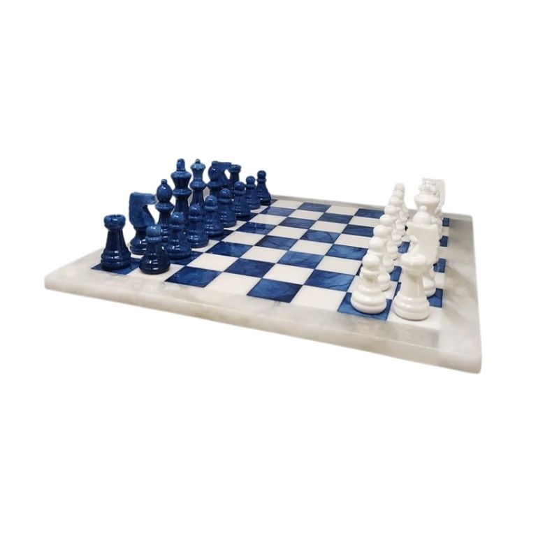 1970s Elegant Blue and White Chess Set in Volterra Alabaster Handmade. Made in Italy