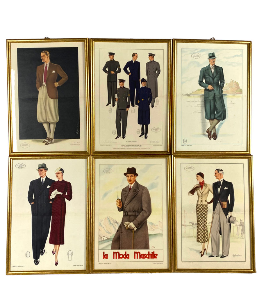‘La Moda Maschile’, Set of 6 framed original illustrations of men’s fashion from the 30s, Italy 1930s
