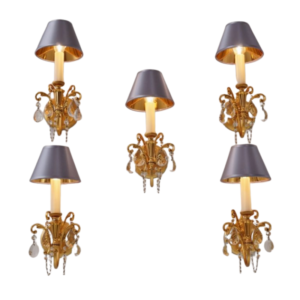 Sciolari sconces wall lights, set of 5, gilt brass & crystals, 1960`s ca, Italian, rewired