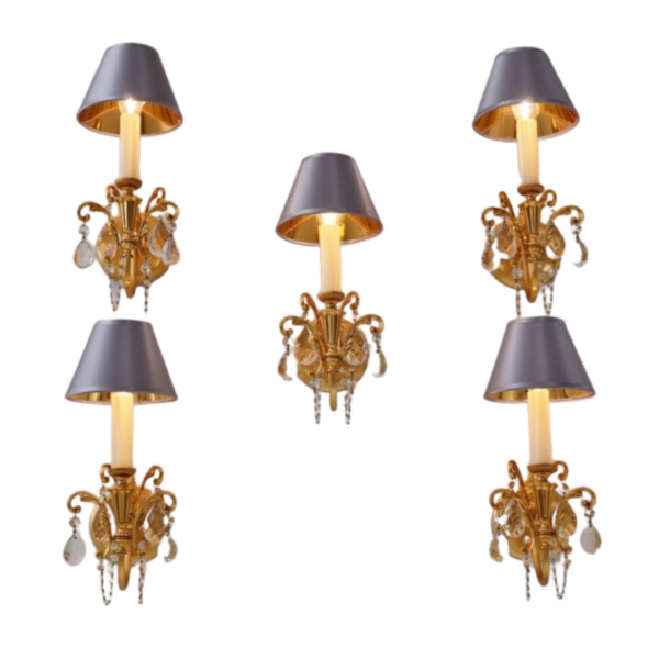 Sciolari sconces wall lights, set of 5, gilt brass & crystals, 1960`s ca, Italian, rewired Sciolari sconces wall lights, set of 5, gilt brass & crystals, 1960`s ca, Italian, rewired