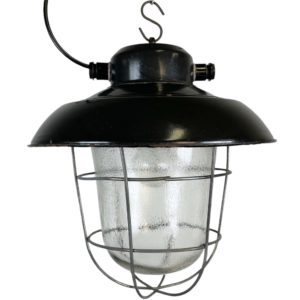 Industrial Black Enamel Factory Hanging Lamp, 1960s, 14x