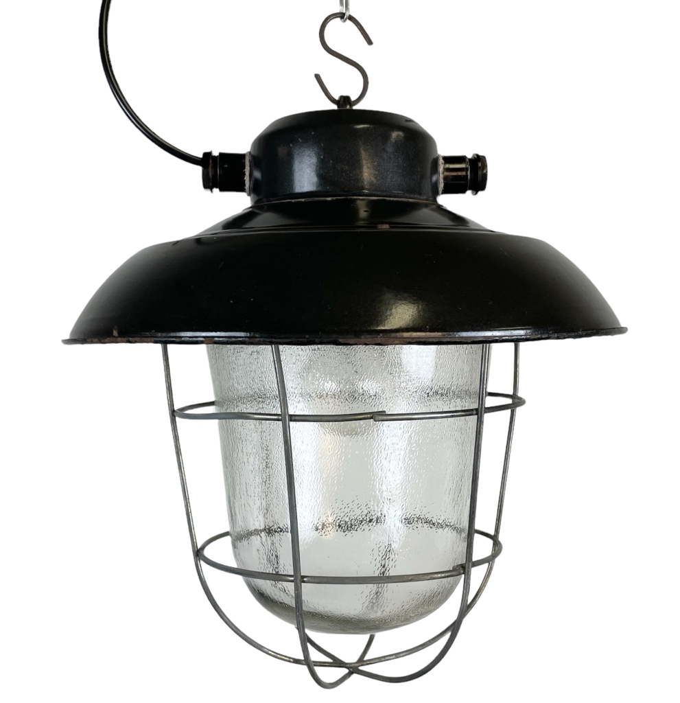 Industrial Black Enamel Factory Hanging Lamp, 1960s, 14x