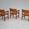 60s, H.J.Wegner, set of 3 armchairs, refurbished, leather, beech wood