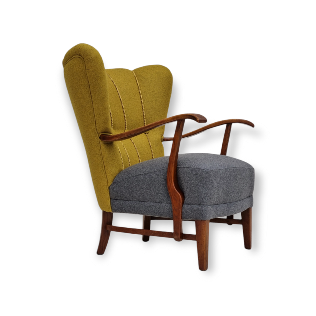 50s, refurbished Danish relax armchair, furniture wool fabric, oak wood